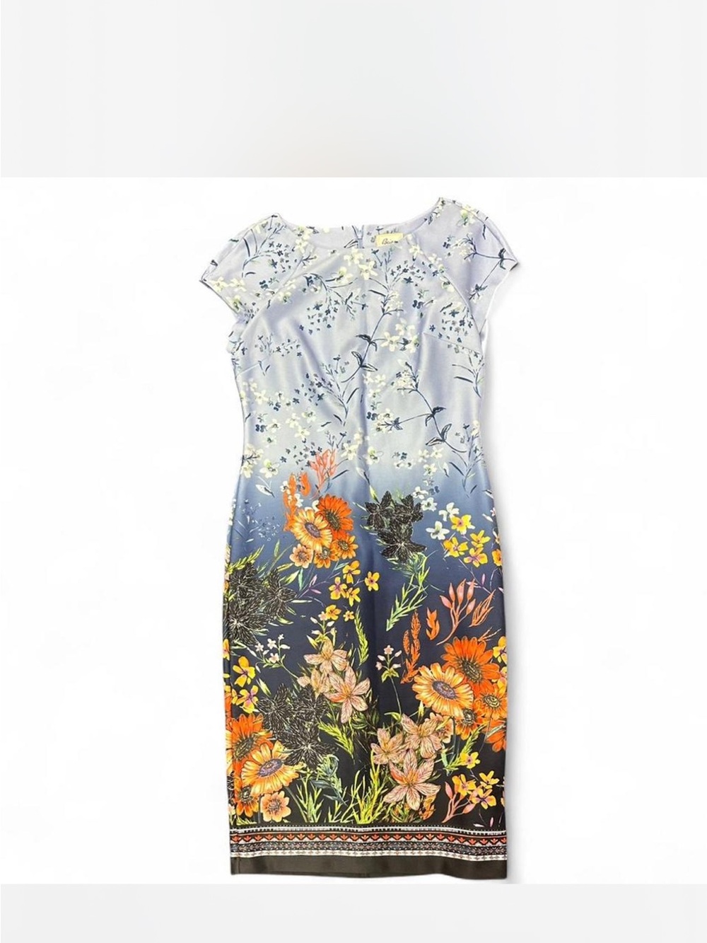 Beige by Eci Floral Sheath Dress Size 8 Garden Print Midi Dress Cap Sleeve